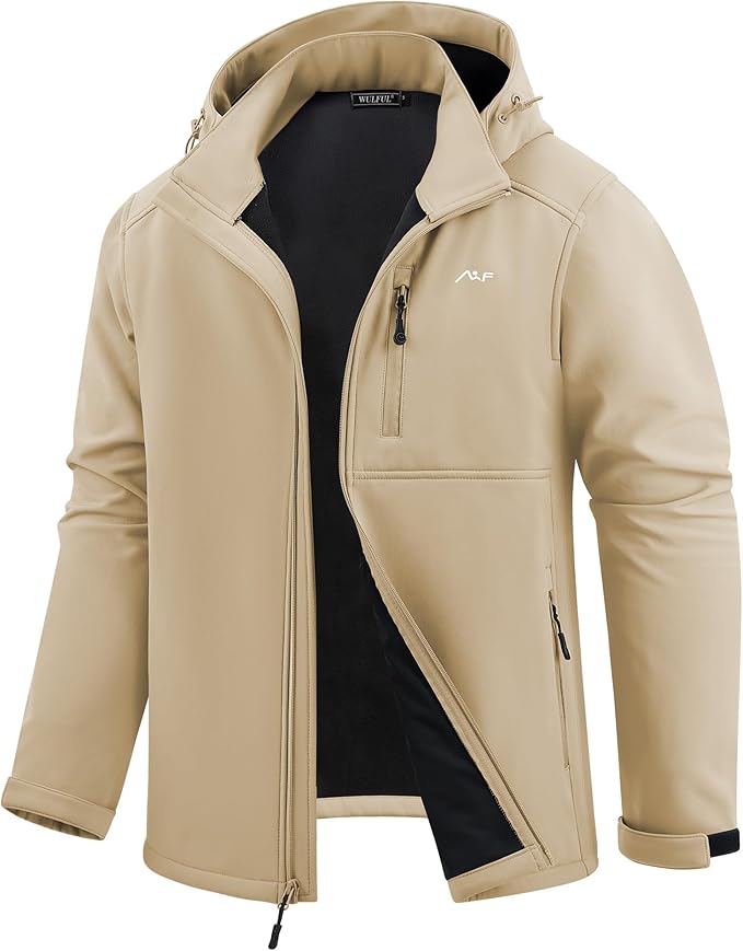 WULFUL Men's Softshell Jacket Waterproof Lightweight Insulated Windbreaker Fleece Lined Rain Shell Jacket for Hiking Travel