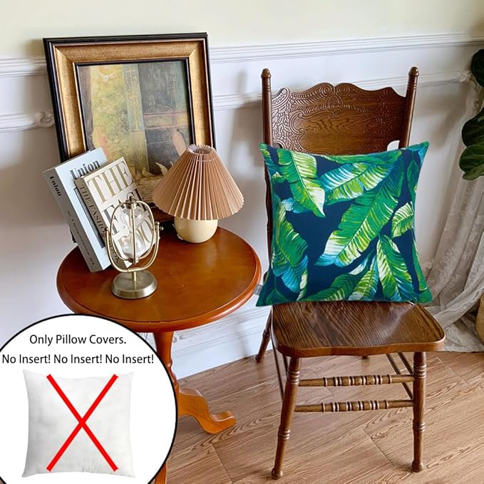 Magpie Fabrics Patio Pillow Covers ONLY 18"x18", Set of 2, Fade-Resistant Outdoor Indoor Decorative Throw Pillowcase Shell for Couch Garden Furniture - Green Lagoon Leaves