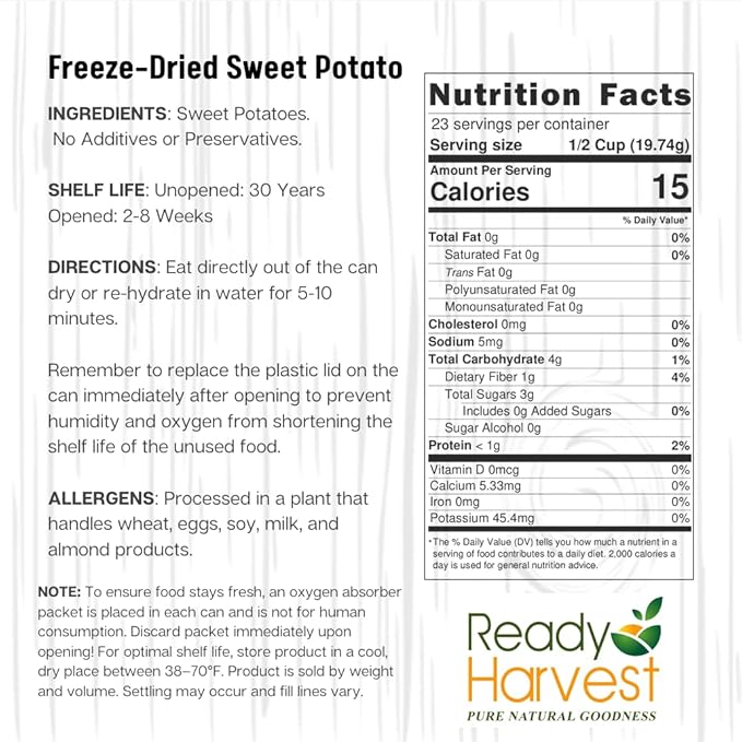 Ready Harvest Freeze Dried Food - Sweet Potatoes | Emergency Food | Pantry Staples | #10 Can | 25-Year Shelf Life | Cans Filled to the Top
