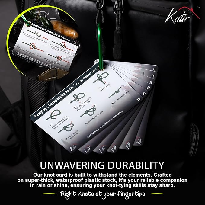 Outdoor Knots Mastery Guide - Essential Backpacking, Scouting & Camping 12 Portable Pocket Size Knot Cards - Waterproof Portable Reference with Mini Carabiner, Regular