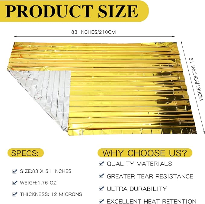 Macarrie 100 Pack Emergency Thermal Blankets Silver Foil Survival Blanket Space Blanket Survival Kit for Outdoors, Camping, Hiking, Homeless, Survival or First Aid (Gold)