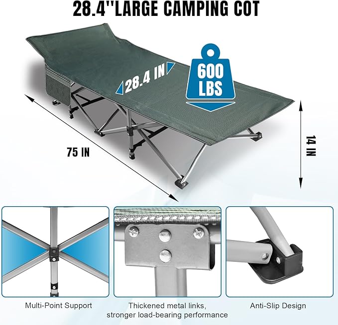 Camping Folding Cot with Mattress for Adults with 600lbs Max Load, Heavy Duty 28" Wide Portable Sleeping Camp Cot with Carry Bag for Home, Office, Travel - Black