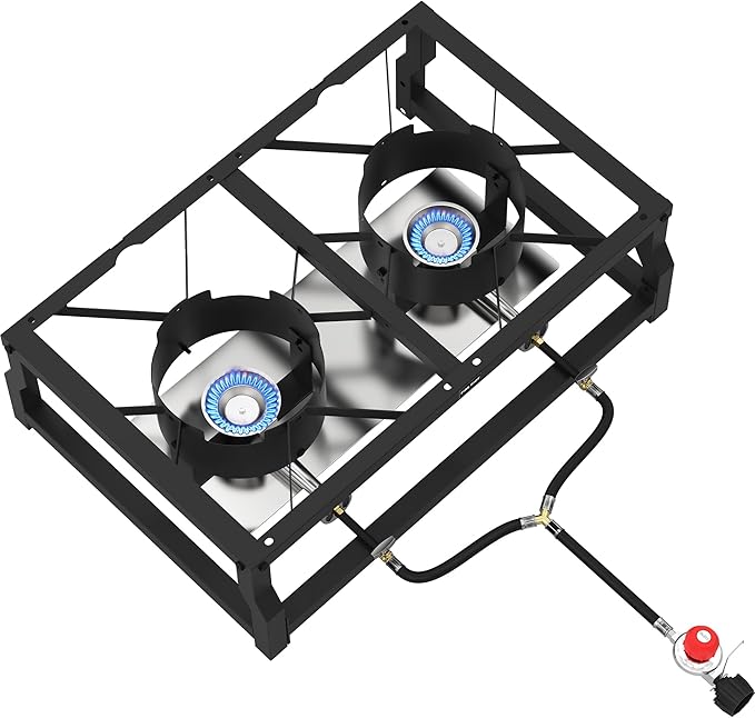 Tabletop Double Burner Camp Stove - 100,000 BTU Portable Propane Gas Cooker with CSA Regulator - Heavy-Duty Steel Frame for Camping, BBQ & Outdoor Cooking