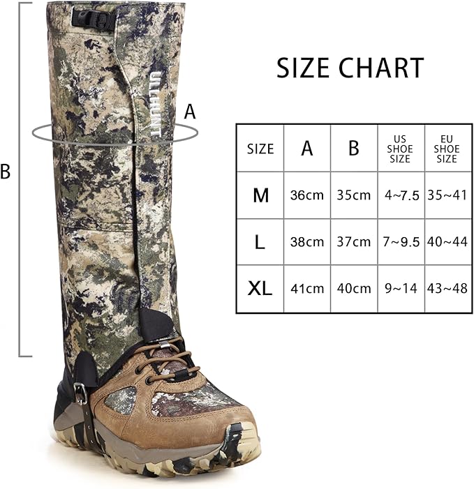 QOGIR Hunting Gaiters Boot Gaiters: Durable Leg Gaiters for Hunting, Waterproof Hiking Gaiters with Upgraded Rubber Foot Strap, Adjustable Snow Boot Gaiters for Hiking, Hunting, and More