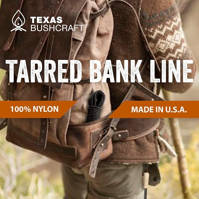 Texas Bushcraft Tarred Bank Line Twine - #36 Black Nylon String for Fishing, Camping and Outdoor Survival – Strong, Weather Resistant Bankline Cordage for Trotline