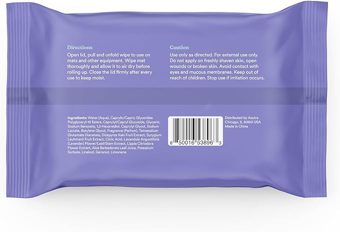 ASUTRA Yoga Mat Cleaning Wipes (Lovely Lavender), 2 Pouches (30 Wipes Each) - No Slippery Residue, Deep-Cleansing for Fitness Gear & Gym Equipment