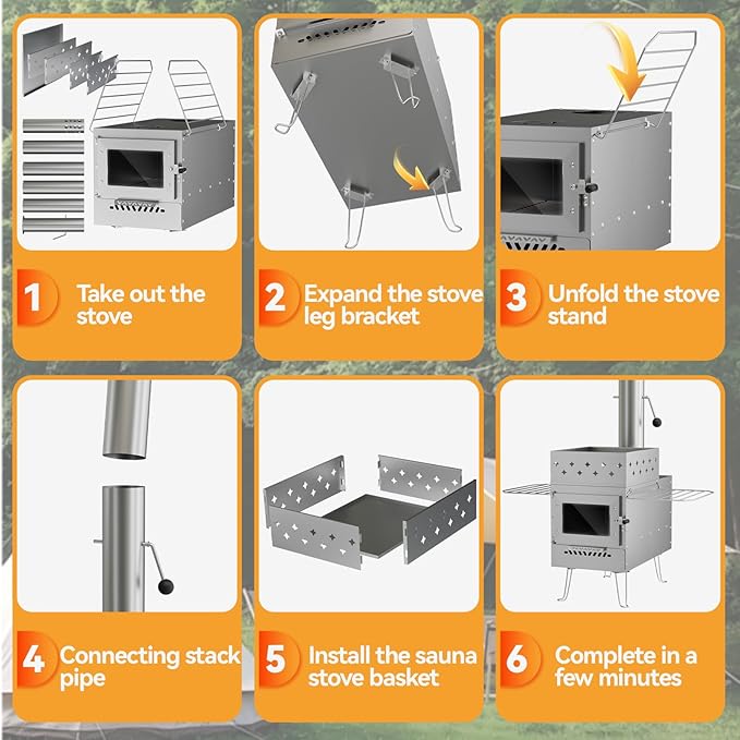 Sauna Hot Tent Stove, Portable Wood Burning Stove for Outdoor Camping with Chimney Pipe for Dry Sauna, Cooking for Family and Friends, Upgraded Heat Concentration System with Sauna Stones Basket