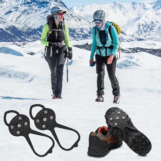 2 Pairs Non Slip Gripper Spike, Ice Grippers Traction Cleats Snow Shoe Spikes Grips Crampons with 10 Steel Studs Cleats