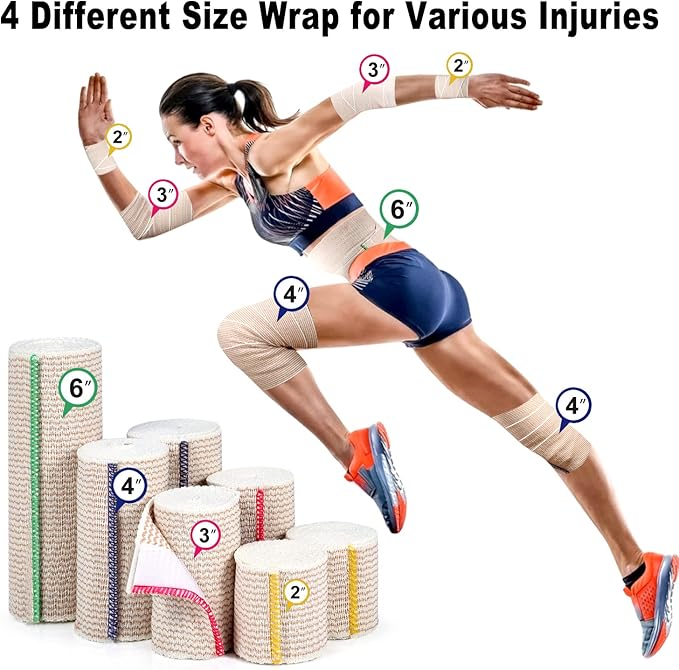 FRESINIDER Premium Elastic Bandage Wrap, 4 Pack 6" Cotton Latex Free Compression Bandage Wrap with Touch Closure at Both Ends, Support & First Aid for Sports, Medical, and Injury Recovery
