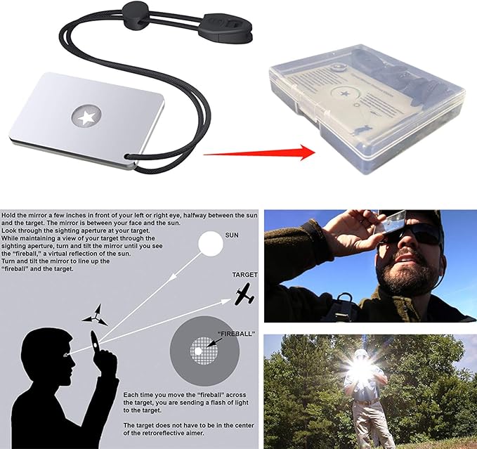 Signal Mirror 2 x 3 Inch, Military Grade Survival Mirror, 3 in 1 Hiking Camping Mirror with Compass and Whistle for Outdoor Adventure Emergency SOS Small Mirror