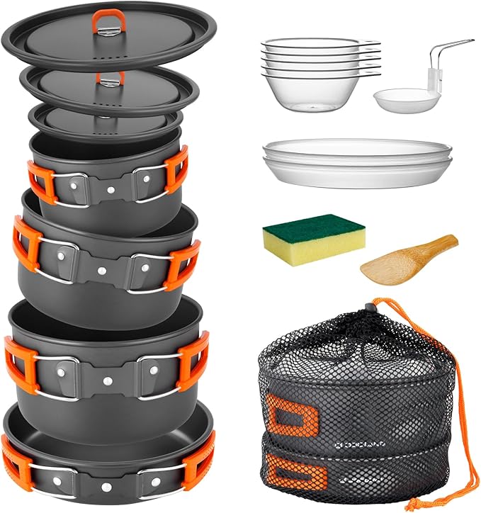 Odoland 15pcs Camping Cookware Non-Stick Lightweight Camping Pots and Pans Set with Plastic Plates Bowls Soup Spoon for Camping, Backpacking, Outdoor Cooking and Picnic