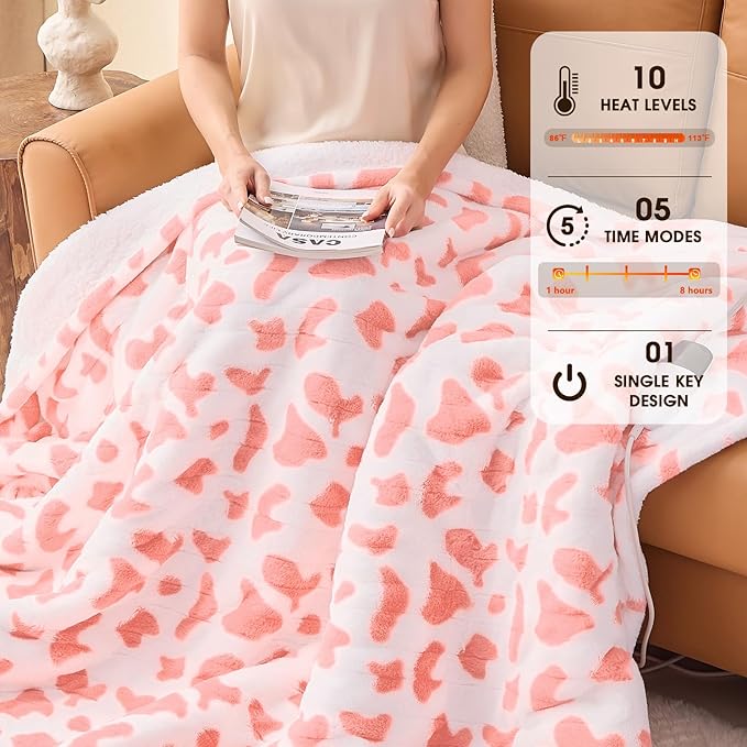 Cow Print Heated Electric Blanket Twin,62X84 Pink Heating Blanket with 10 Heats Levels & 8 Hours Auto Off,Cute Cow Decor Fleece Sherpa Blankets Warmer Gifts for Women Couch Office,Washable,ETL