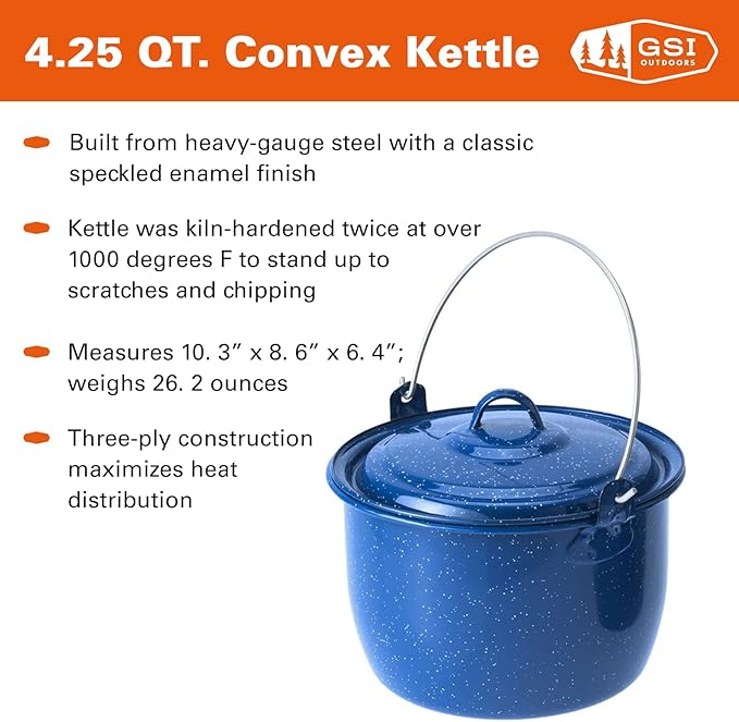 GSI Outdoors Convex Kettle for Soup, Stew, or Water Pot - Camping, Enamelware, 4.25 qt