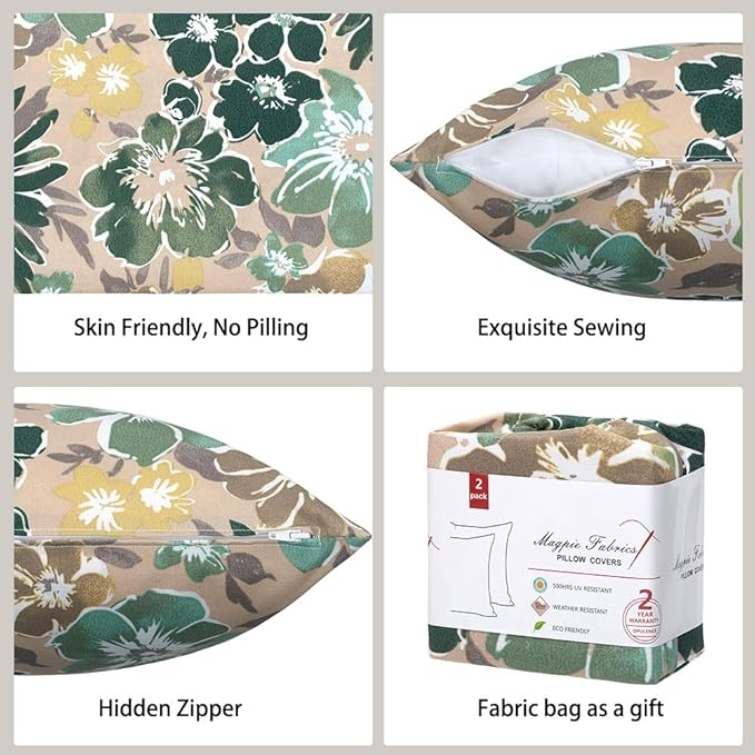 Magpie Fabrics Patio Pillow Covers ONLY 18"x18", Set of 2, Fade-Resistant Outdoor Indoor Cushion Cases Decorative Throw Pillowcase Shell for Couch Garden Furniture - Green Floral
