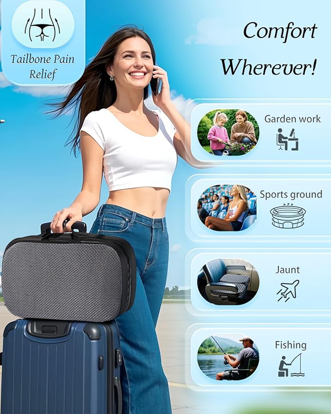 Portable Memory Foam Seat Cushion for Travel, Airplane Cooling Chair Pads for Long Flights, Tailbone, Sciatica Pain Relief, Folding Waterproof Seat Cushion for Car, Camping