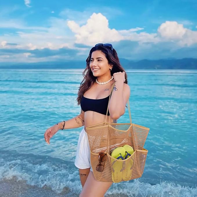 Beach Bag - Mesh Tote Bag Beach Vacation Clothes for Women Pool Bag for Travel Pool Family Cruise Essentials 2025