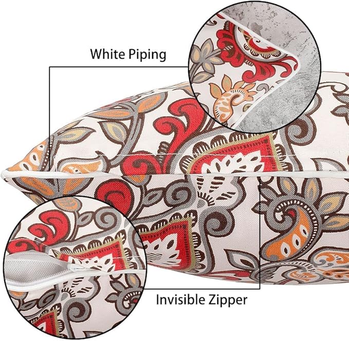 Magpie Fabrics Pack of 2 Outdoor Lumbar Pillow Case Covers 12"x20", Waterproof Rectangular Throw Pillowcase Shell Decorative Sham for Patio Garden Couch - Floral Red Orange
