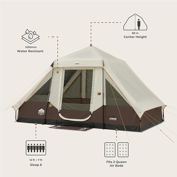 CORE Instant Cabin Tent with LED Lights | Large Family Lighted Pop Up Tent with Carry Bag for Camping, Glamping, and Backyard Adventures | Included Storage Pockets for Camp Accessories