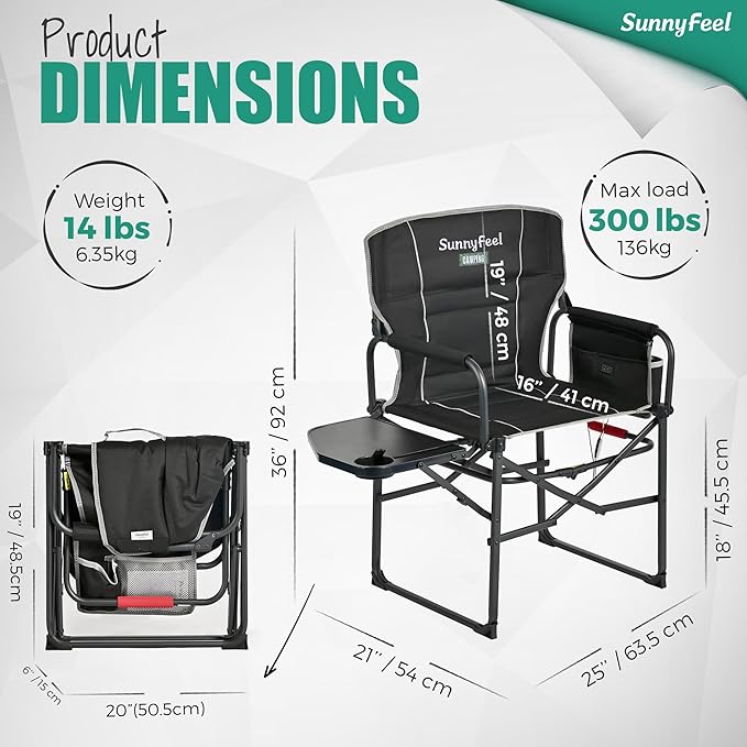 SUNNYFEEL Heated Camping Directors Chair, Heavy Duty,Oversized Outdoor Portable Heating Folding Chair with Side Table, Pocket for Beach, Fishing,Trip,Picnic,Lawn,Concert Foldable Camp Chairs