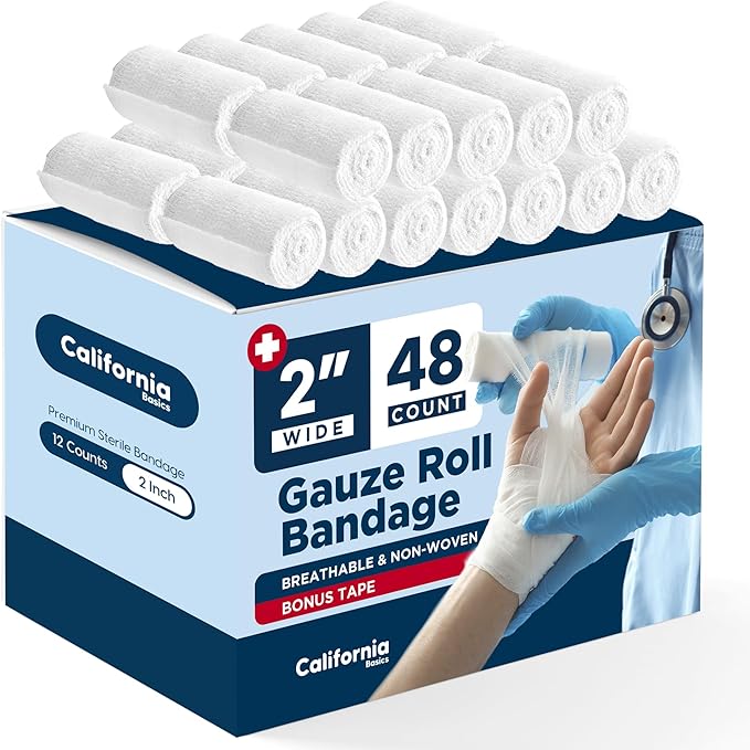 California Basics 48-Pack Gauze Bandage Roll with Tape, 2 Inches x 4 Yards - Soft, Stretchable & Breathable Wrap for Wound Care, First Aid & Medical Supplies - White