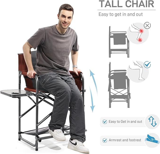 EVER ADVANCED Medium Tall Directors Chair Foldable Makeup Artist Chair Bar Height with Side Table Cup Holder and Pocket Footrest, Supports 400LBS (Red Brown, Seat Height: 23.2 inches)