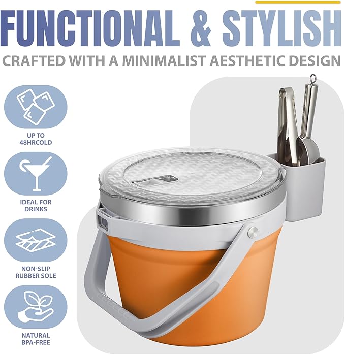 COKTIK 7L Vacuum Insulated Ice Bucket with Lid and Scoop& Tongs，Large capacity Stainless Steel Beverage Bucket for Cocktail, Champagne, Wine, Beer，Large Parties（Orange Suit）
