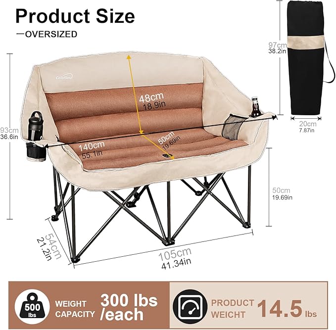 2 Person Fully Padded Camping Chair Oversized Loveseat Camping Chair Double Camping Chairs for Adults Heavy Duty Outdoor Camping Couch, Padded Seats & Armrests, 600Lbs, Moca