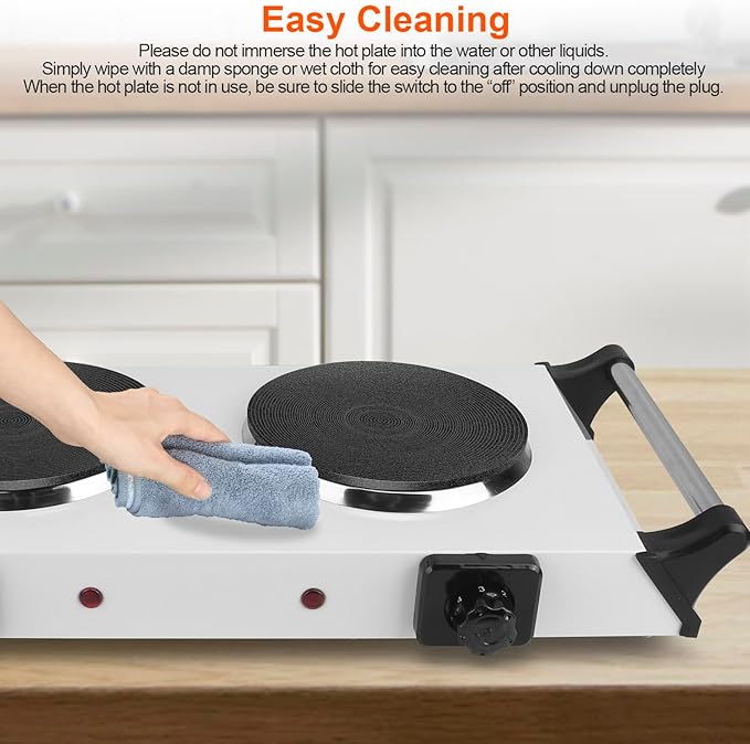 Hot Plate, 2000W Portable Electric Double Burner W/5 Level Temperature Control & Stay Cool Handles, Easy to Clean, Lightweight Cast Iron Electric Stove for Kitchen Camping Cooking, 110V