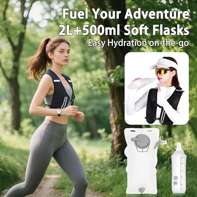 Unisex Hydration Vest Running Backpack - Adjustable Size Lightweight Trail Running Vest with 2L Bladder & 500ml Soft Flask, Mesh, Large Phone Pocket for Night Walking, Marathon(Reflective Strips)