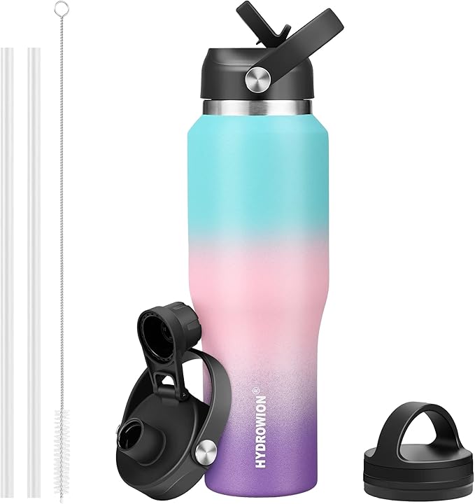 HYDROWION Stainless Steel Water Bottle, 32oz Wide Mouth Double Wall Vacuum Insulated Water Bottle with Straw Lid, Spout Lid and Flex Cap, Leakproof,Fit in Any Car Cup Holder, Mint&Pink&Purple