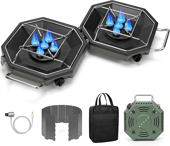 Camping Stove Propane Two Burner, 34000BTU Foldable Camp Stove Gas Propane Burners for Outdoor Cooking, Portable Stoves Gas Burners with Windsheild, Carrying Bag, Grates, Regulator