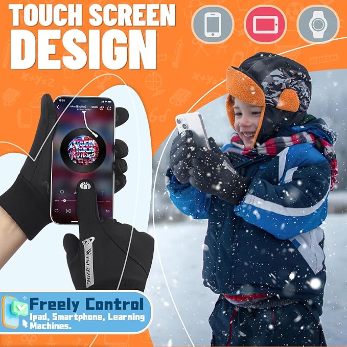 West Biking Kids Winter Gloves Touchscreen Cycling Gloves Windproof Thermal Non-Slip Sports Kids Gloves Cold Weather Mittens of Age 2-12 for Cycling Bike Riding Hiking Outdoor Boys Girls