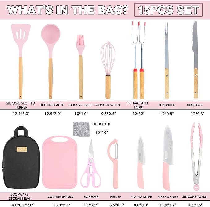 Camping Accessories Kitchen Cooking Utensils Set - Portable Outdoor Camp Cookware Set, Silicone Camper Essentials Gear Must Have Supplies for Travel RV BBQ Grill Picnic Hiking