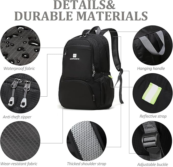 Lightweight Packable Travel Backpack, 30L Black Daypack Hiking Backpack for Women Men, Waterproof and Foldable, Travel Backpack Carry on Flight Approved