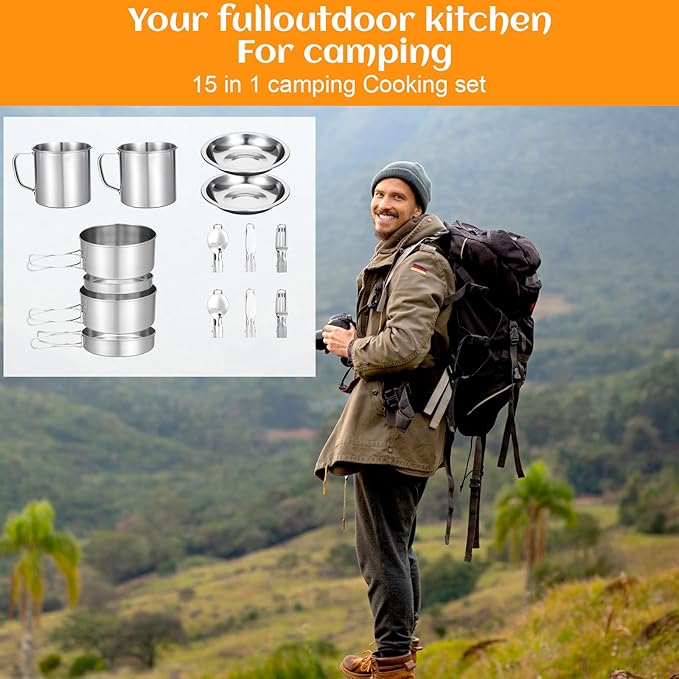 15 Pcs Camping Cookware Set, Stainless Steel Outdoor Camping Cooking Kit with Pot and Pan Cups Plates Forks Knives Spoons Kit for 1-2 Person Camping, Backpacking, Outdoor Cooking and Picnic