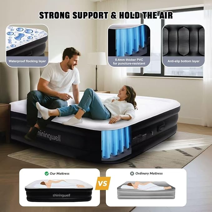 Queen Air Mattress with Portable Air Pump (2000mA) and 2 Inflatable Pillows, 19" High Self-Inflation Inflatable Mattress, Comfortable Blow up Mattress, Air Bed for Camping, Home and Guest
