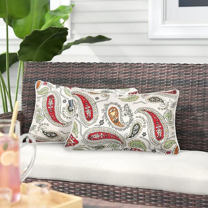 Magpie Fabrics Pack of 2 Outdoor Lumbar Pillow Case Covers 12"x20", Waterproof Rectangular Throw Pillowcase Shell Decorative Sham for Patio Garden Couch - Paisley Red Beige