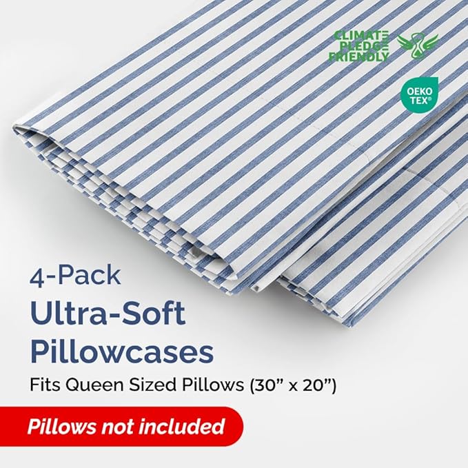 CGK Unlimited Queen Size Pillow Case Set of 4 - Soft, Premium Quality Microfiber Fabric - Blue Stripes 2, 20x40, 20x36 & 20x48