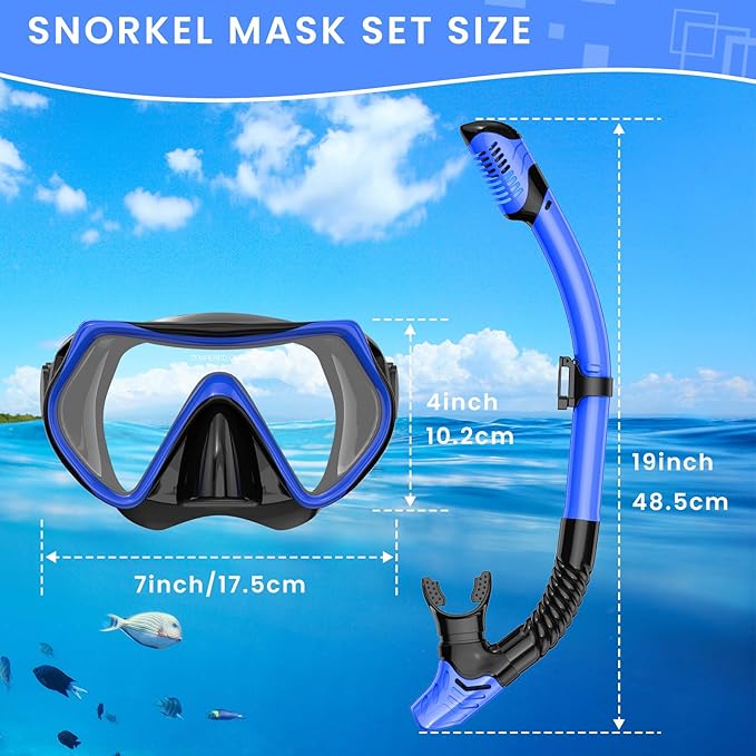 Snorkeling Gear for Adults, Adult Snorkel Mask Set Scuba Diving Dry-Top, Swimming Goggles w/Nose Cover, HD Tempered Glass Panoramic Anti-Leak Anti-Fog, Travel Snorkeling Packages Storage Bag, 2 Pack