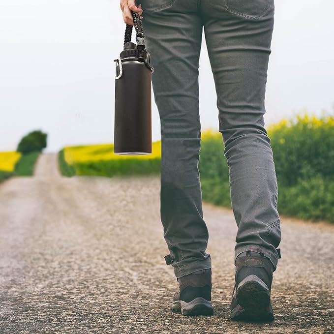 Volhoply Insulated Water Bottles Bulk 8 Pack, 40 oz Stainless Steel Sports Bottle with Paracord Handle & SpoutLid, Double Walled Metal Cups with Wide Mouth, Reusable Adult Water jug (Black,8 Set)