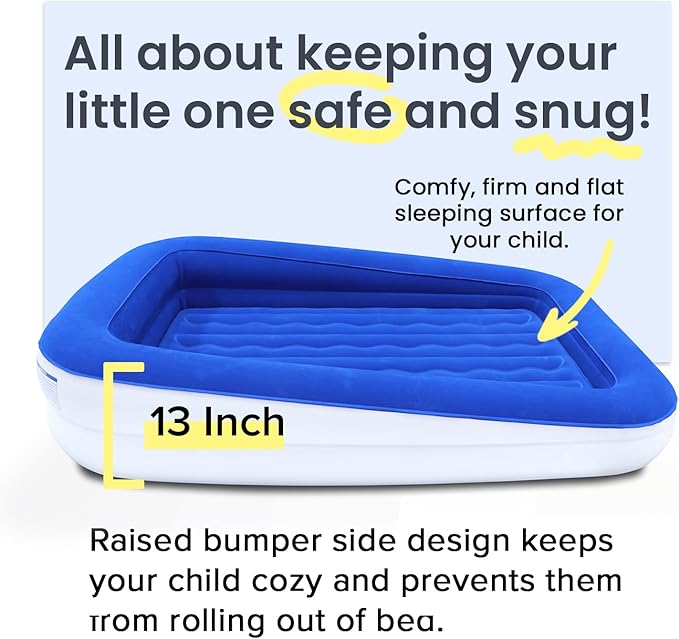 King Koil Luxury Toddler Inflatable Child Airbed, Travel Bed with Built-in Safety Bumper, Portable Air Mattress for Kids, Includes High-Speed Pump - Blue
