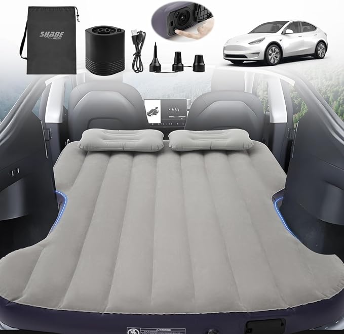 Self-Inflating Car Air Mattress for Tesla Model Y 2025 2024-2020/Model Y Juniper Outdoor Camping Air Bed with 2 Pillows Built-in Pump Air Couch Mat Flocking Air Cushion Model Y Accessories(Beige&Blue)