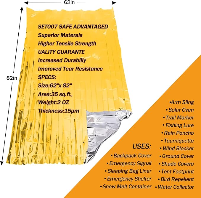 12-Pack Emergency Mylar Thermal Blankets, 82"x62" Space Blankets Foil Blanket, XL Camping Blanket for Outdoors, Hiking, Survival kit, Bug Out Bag，Marathons or First Aid, Golden
