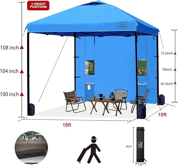 KAMPKEEPER 10x10 Pop Up Canopy Tent with Sidewall - Easy Setup Sun Shelter, Outdoor Shade with Vented Roof for Backyard | UV & Rain Portable Instant Camping Beach Canopy Tents (Light Blue)