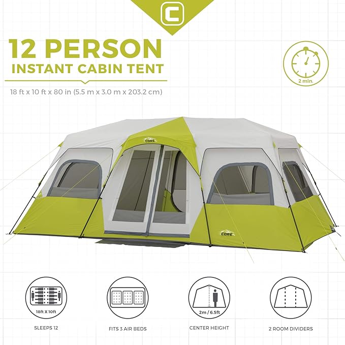 CORE Instant Cabin Tents | 6 Person / 9 Person / 10 Person / 12 Person Family Cabin Multi Room Pop Up Tents Car Camping | Included Storage Pockets for Camping Accessories