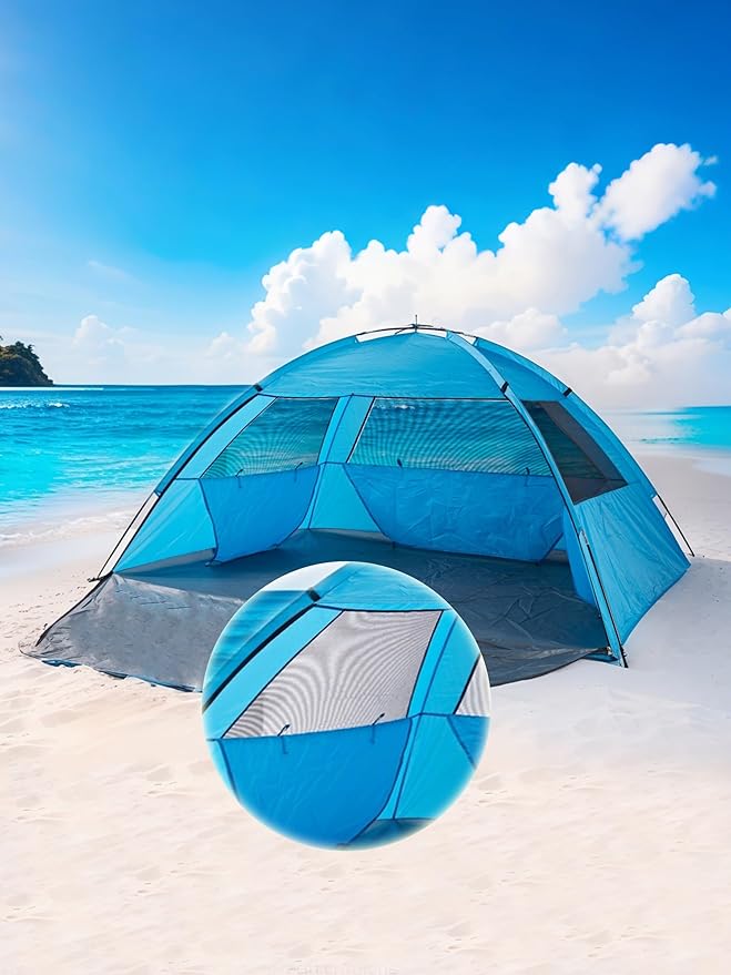 Easy Set-Up Beach Tent - UPF 50+ Sun Shelter for Family (2-3 Person), Portable Instant Sun Shade with 3 Mesh Windows, Windproof Stakes & Storage Pockets, for Beach, Camping, Picnics