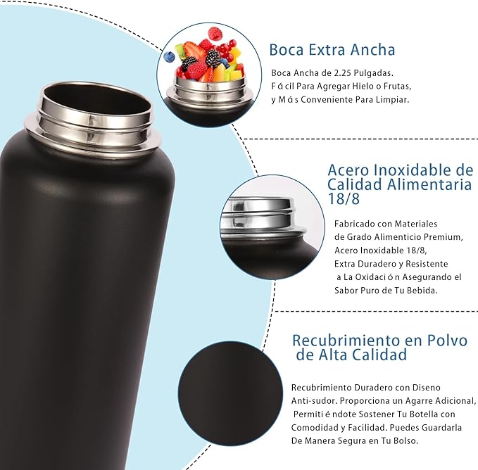 Volhoply Insulated Water Bottles Bulk 8 Pack, 40 oz Stainless Steel Sports Bottle with Paracord Handle & SpoutLid, Double Walled Metal Cups with Wide Mouth, Reusable Adult Water jug (Black,8 Set)