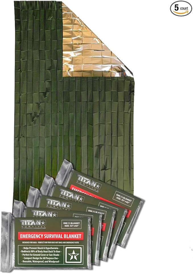 TITAN Survival - Mylar Survival Blankets 5 Pack - 90% Heat Retention & Waterproof Design - Emergency Blanket Cold Weather Protection & Survival Kits - Durable Space Blanket for Outdoor Use