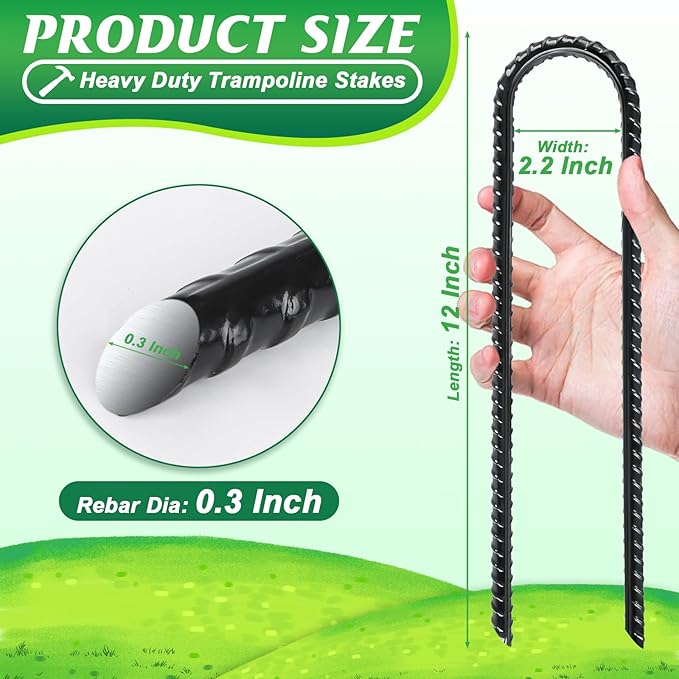 Gtongoko Trampolines Wind Stakes 8 Pack 12 Inch,Heavy Duty U Shaped Rebar Tent Stakes Ground Anchors Galvanized Steel Safety Trampoline Anchors for Camping Tents, Soccer Goals