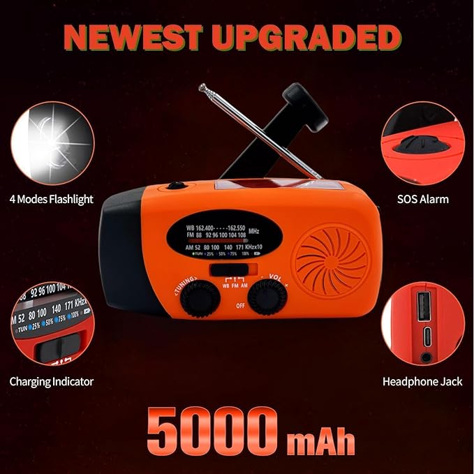 Solar Emergency Hand Crank Weather Radio, Portable Self Powered NOAA AM/FM Radios with SOS Alarm LED Flashlight 5000mAh Power Smart Phone USB Charger for Camping (5000mAh Orange)